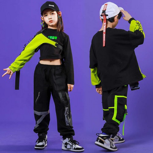 Children Boy girls black with green hip-hop street dance costumes gogo dancers rapper stage performance outfits for boys girls model show clothes for kids